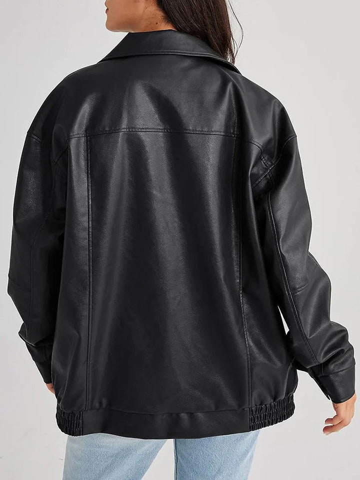 Women's Oversized Leather Bomber Jacket with Zipper Front 2