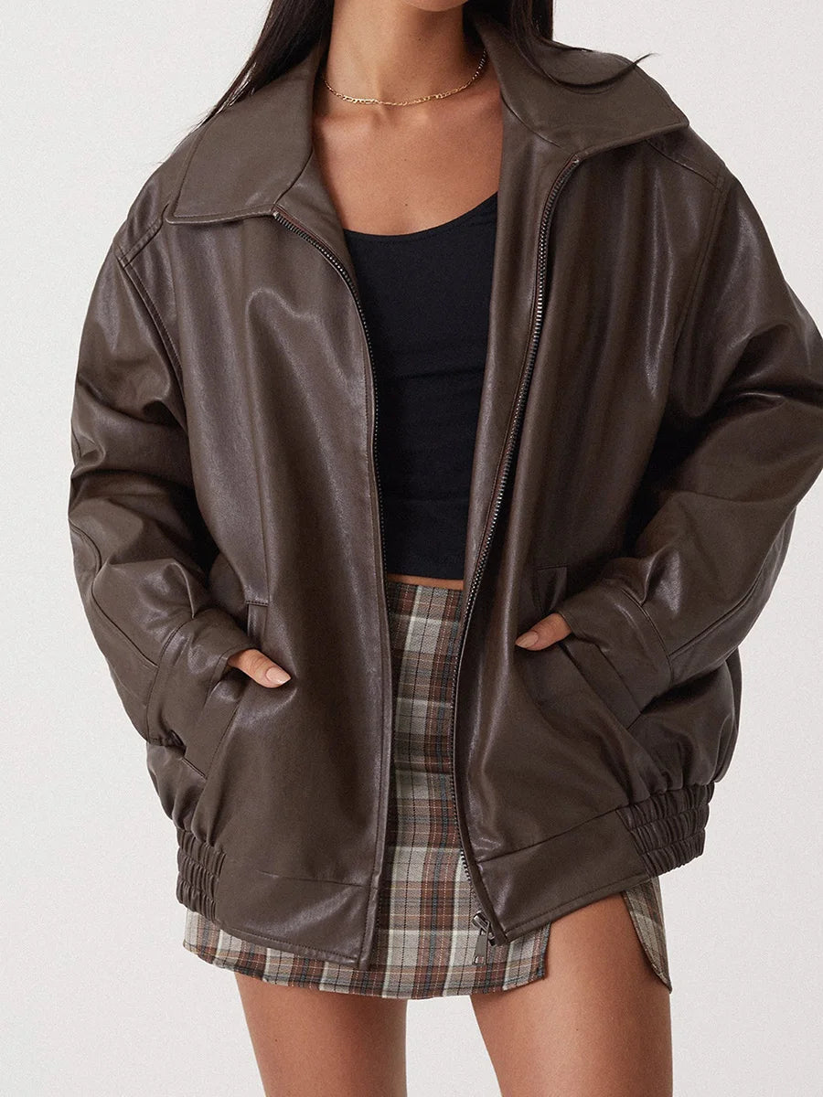 Women's Oversized Leather Bomber Jacket with Zipper Front 6