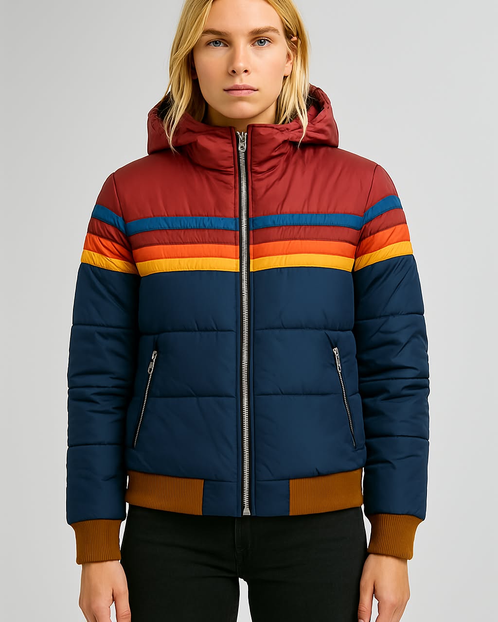 Women’s Waterproof Puffer Jacket – Colorblock Hooded Winter Coat 0