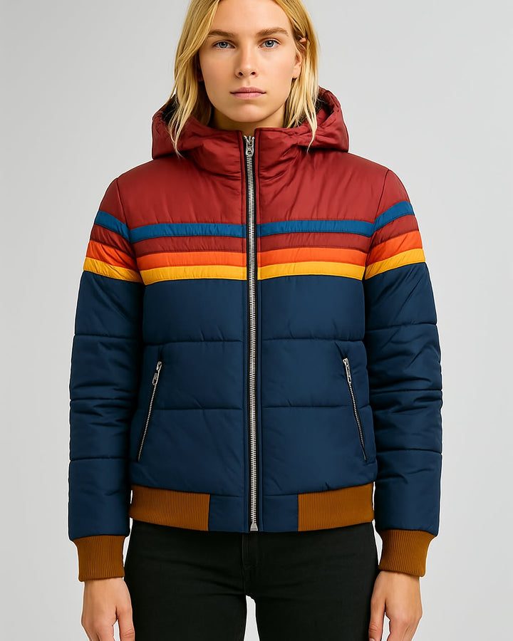 Women’s Waterproof Puffer Jacket – Colorblock Hooded Winter Coat 0
