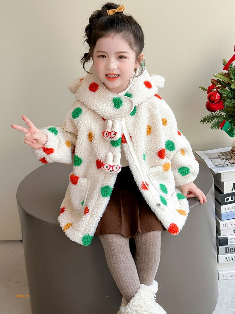 Baby Girl Jacket Cartoon Dinosaur Soft Lambswool Coat for 1-9 Years
